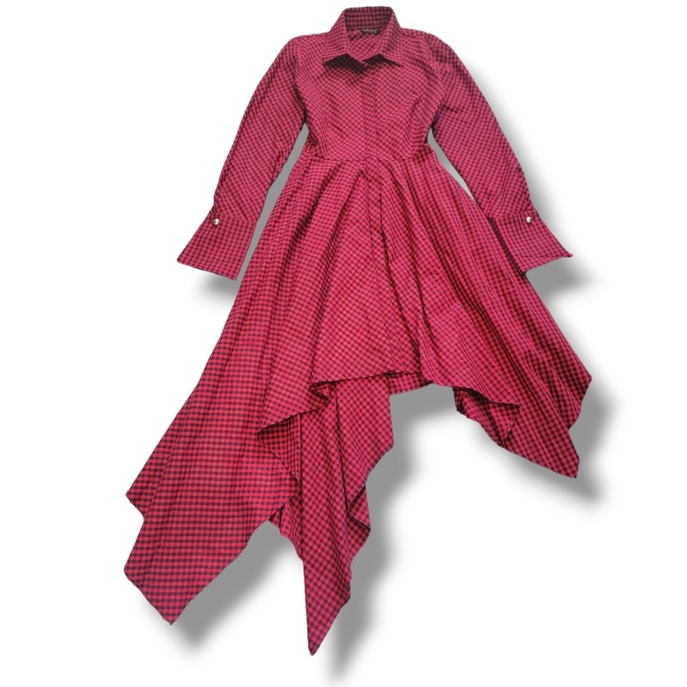 Petersyn Sutton Tartan Red Plaid Cotton Asymmetric A-line Midi Dress Size Small - Picture 5 of 15